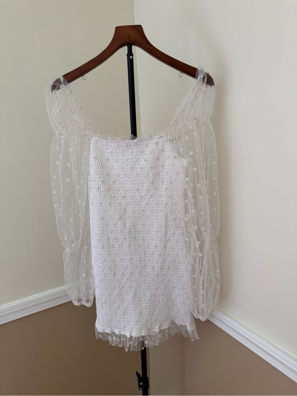 White Smocked Dress with Polka Dot Sheer Puff Sleeves bridal engagement mini